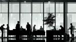 Shadows of people doing various things with backdrop of windows and city