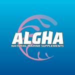 Algha logo, white text over blue background